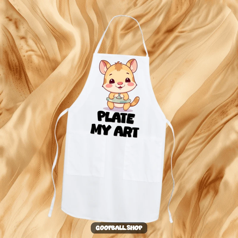 Funny Apron depicting a skillful animal balancing a spinning plate on its nose, ready for culinary challenges with a smile.