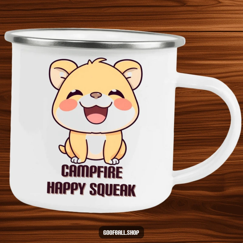 Funny Camping Mug with a cheerful animal displaying a wide grin, radiating silent, joyous squeaks perfect for happy campers.