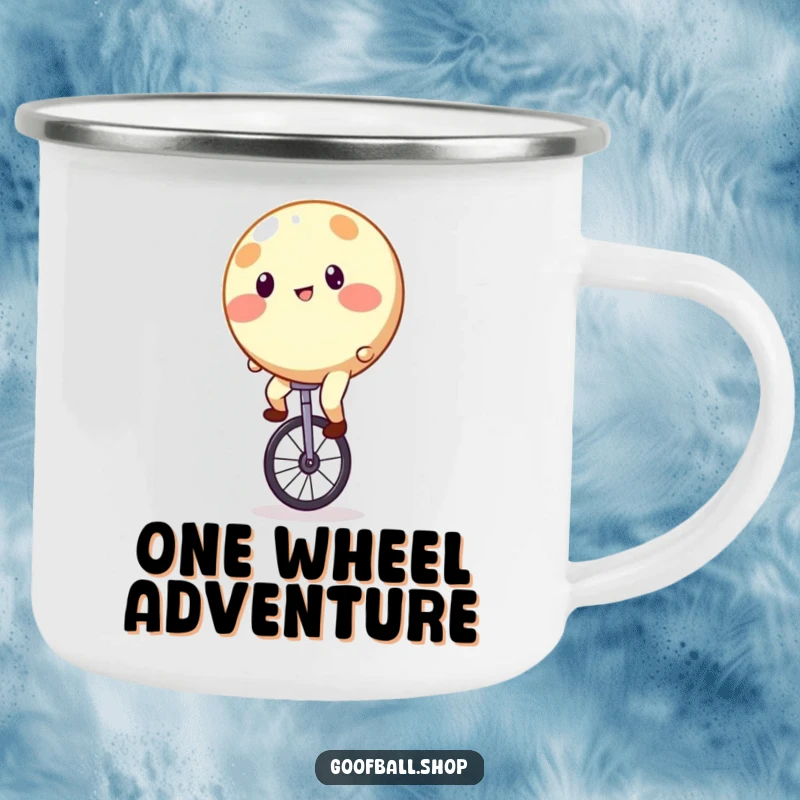 Funny Camping Mug: A round, spotty character precariously balancing on a unicycle, ready for outdoor fun.