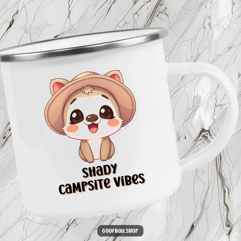 Funny Camping Mug: A giggling animal with expressive eyes wears a comically oversized floppy hat, ready for outdoor fun.