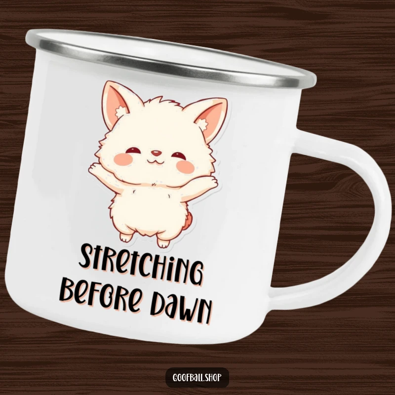 Funny Camping Mug: A fluffy creature with big floppy ears in a comical, exaggerated stretch, perfect for outdoor use.