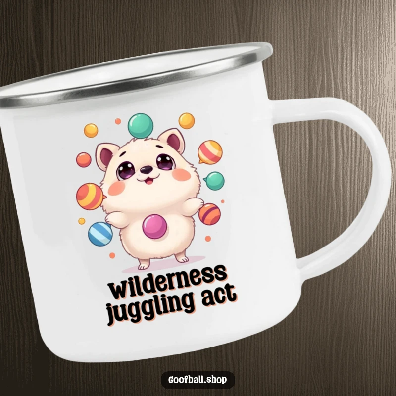 Funny Camping Mug: A fluffy animal with astonished eyes juggles colorful objects, ready for outdoor fun and surprises.
