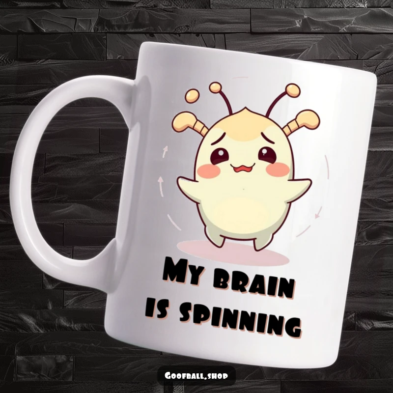 Funny mug showing a cheerfully confused creature with jiggling antennae spinning in circles, embodying delightful confusion and humor.