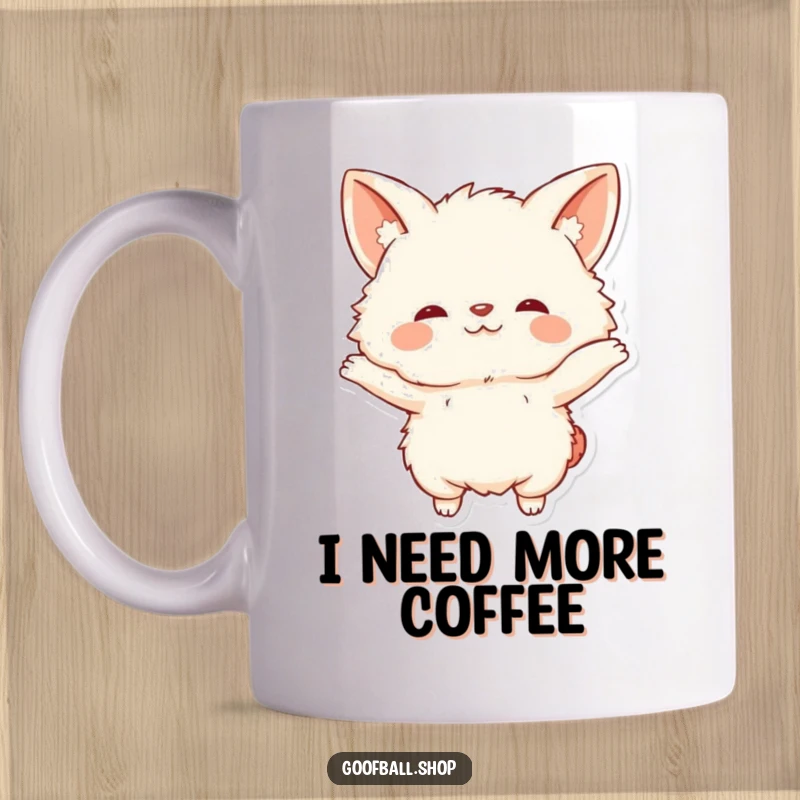 Funny Mug showing a fluffy animal with big floppy ears doing an extreme, comical morning stretch.
