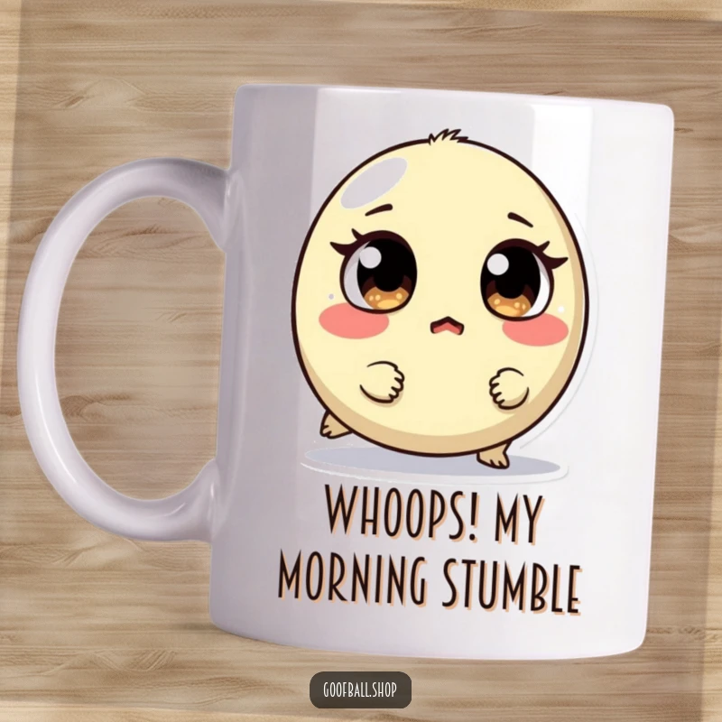Funny mug showing a small, round creature with mismatched eyes tripping over its feet, looking surprised and adorably clumsy.