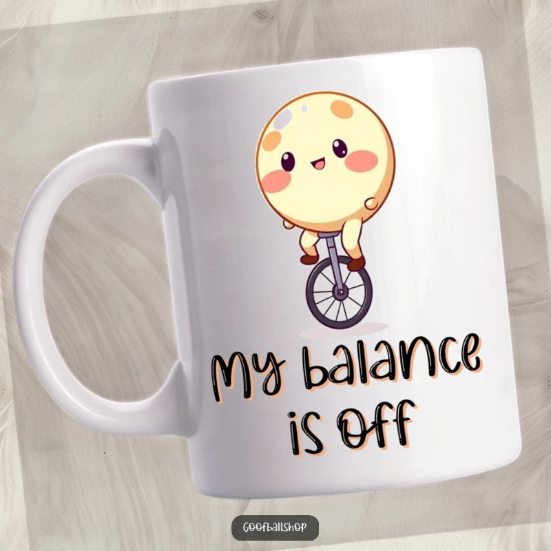 Funny Mug: A round, spotty entity struggling comically to balance on a unicycle, looking quite unsteady.