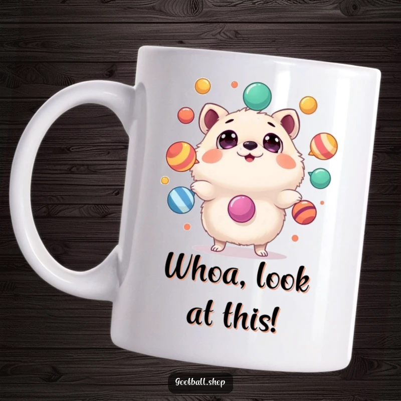 Funny Mug: A round, fluffy animal with wide, astonished eyes struggles comically to juggle multiple colorful, wobbly objects.