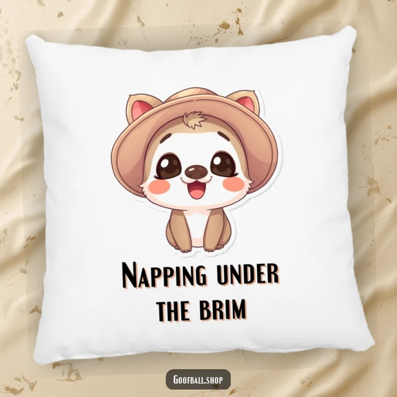 Funny Pillow: A giggling animal with big, expressive eyes wears a comically oversized, floppy hat, perfect for cozy laughs.