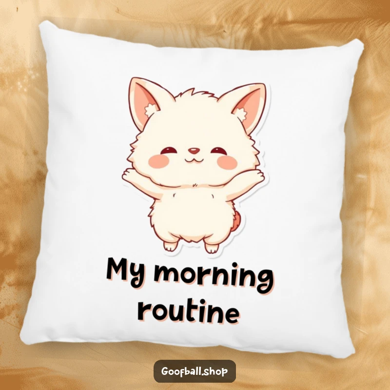 Funny Pillow: A fluffy, big-eared character captured in a comical, exaggerated stretching motion for maximum humor.