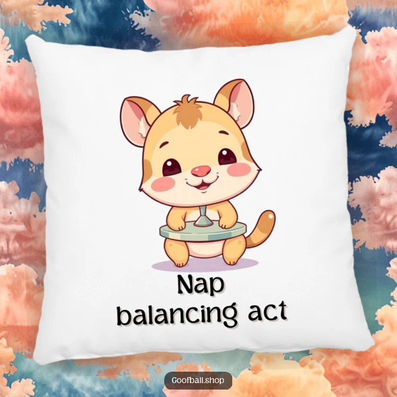 Funny Pillow featuring a determined animal balancing a small spinning plate on its nose, adding a touch of silliness to comfort.