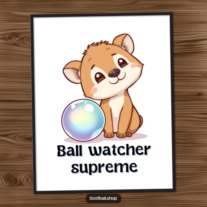 Funny Digital Art Print of a curious animal tilting its head, mesmerized by a bouncing, iridescent ball, portraying playful observation.