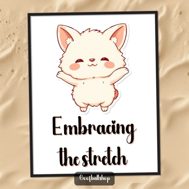 Funny Digital Art Print: A fluffy creature with large floppy ears in a funny, exaggerated stretching pose.