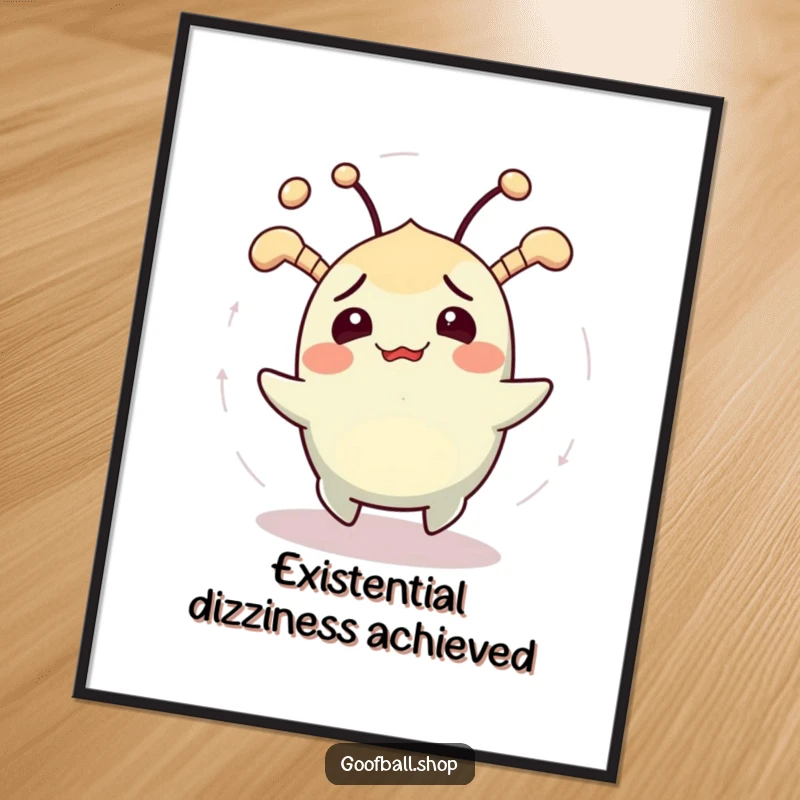 Funny digital art print of a cheerfully confused creature with jiggling antennae spinning in circles, for instant humorous decor.