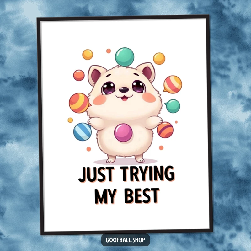 Funny Digital Art: A fluffy, round animal with wide, astonished eyes juggles multiple colorful, wobbling objects, creating a humorous scene.