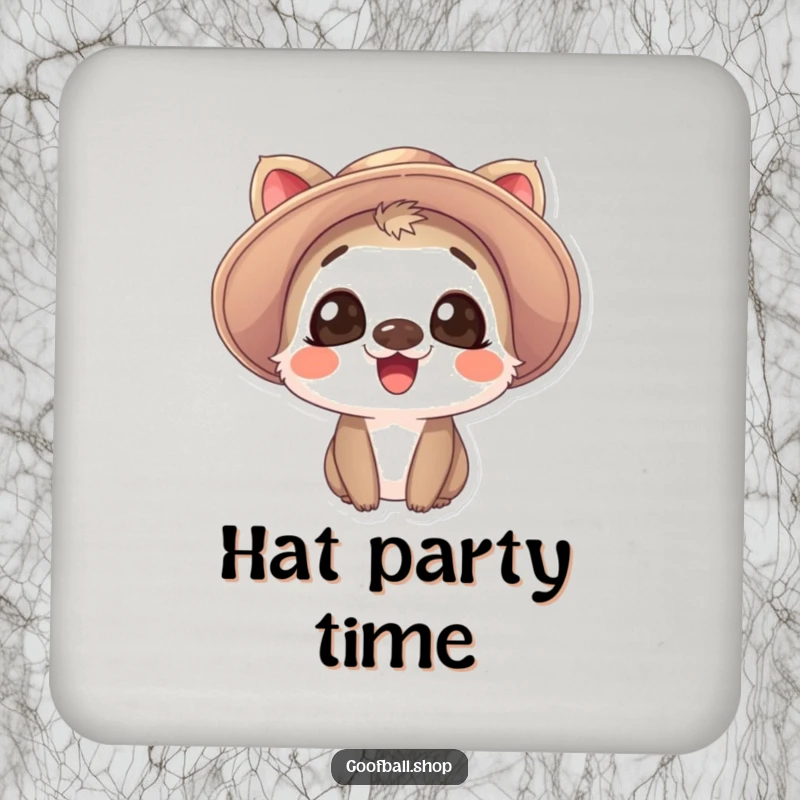 Funny Coaster: A giggling animal with large expressive eyes wears a comically oversized floppy hat, humorously protecting surfaces.