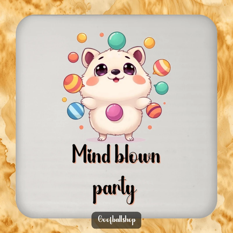 Funny Coaster: A round, fluffy animal with amazed eyes juggles colorful, wobbling objects, humorously protecting your surfaces.
