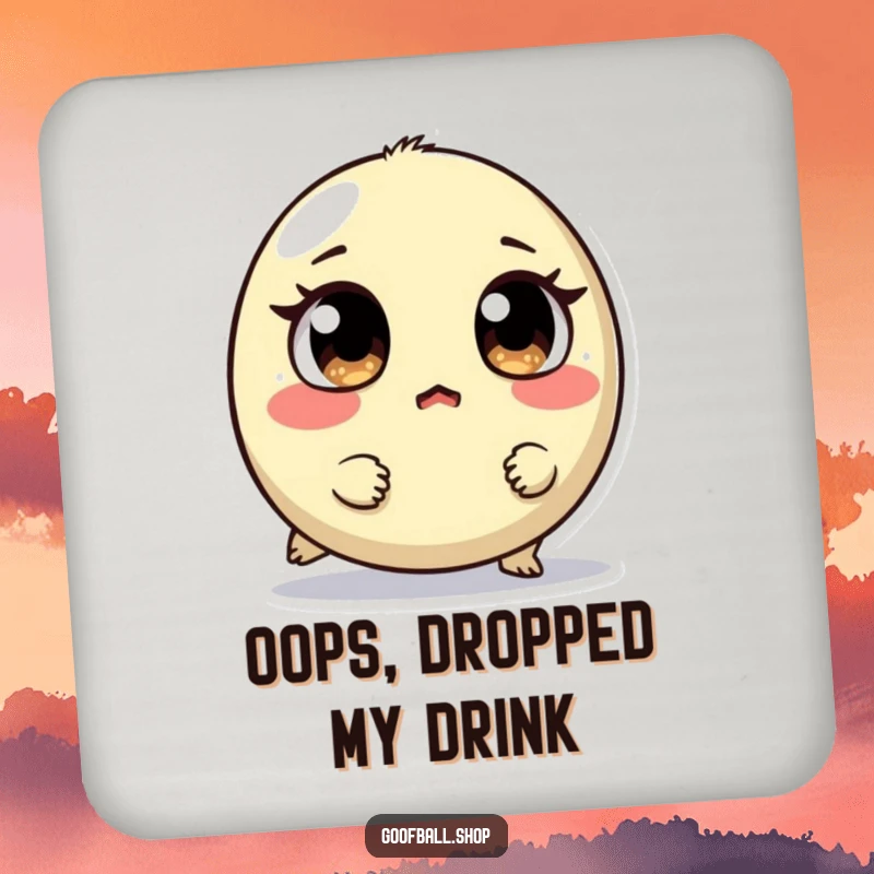 Funny drink coaster featuring a small, round creature with mismatched eyes tripping and looking surprised, adding humorous protection.