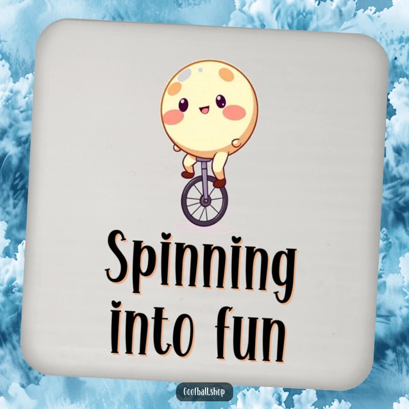 Funny Drink Coaster depicting a round, spotty entity wobbling comically on a unicycle.