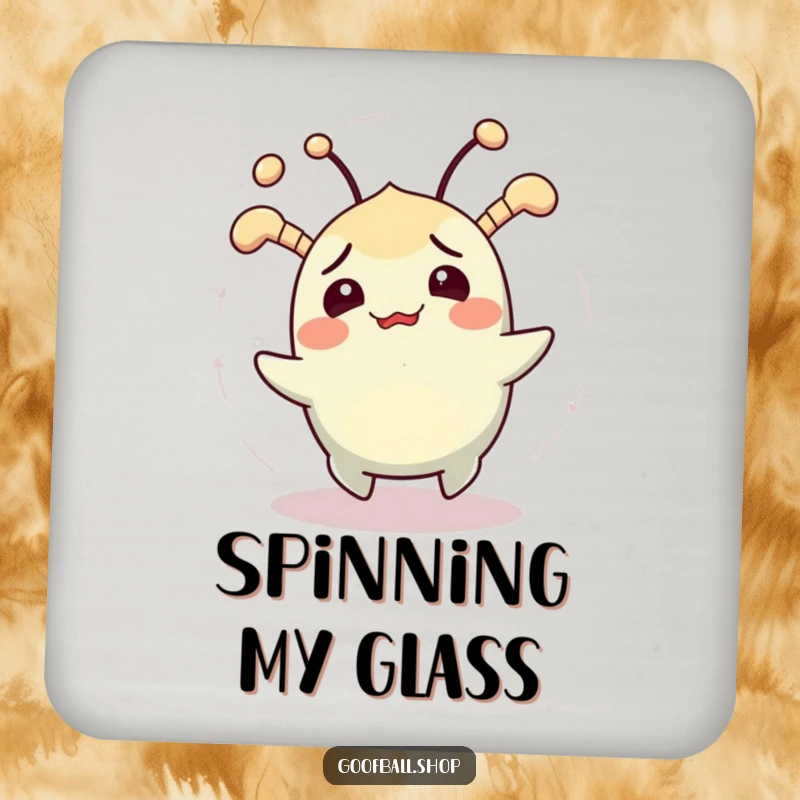 Funny drink coaster featuring a cheerfully confused creature with jiggling antennae spinning in circles, adding humorous protection.