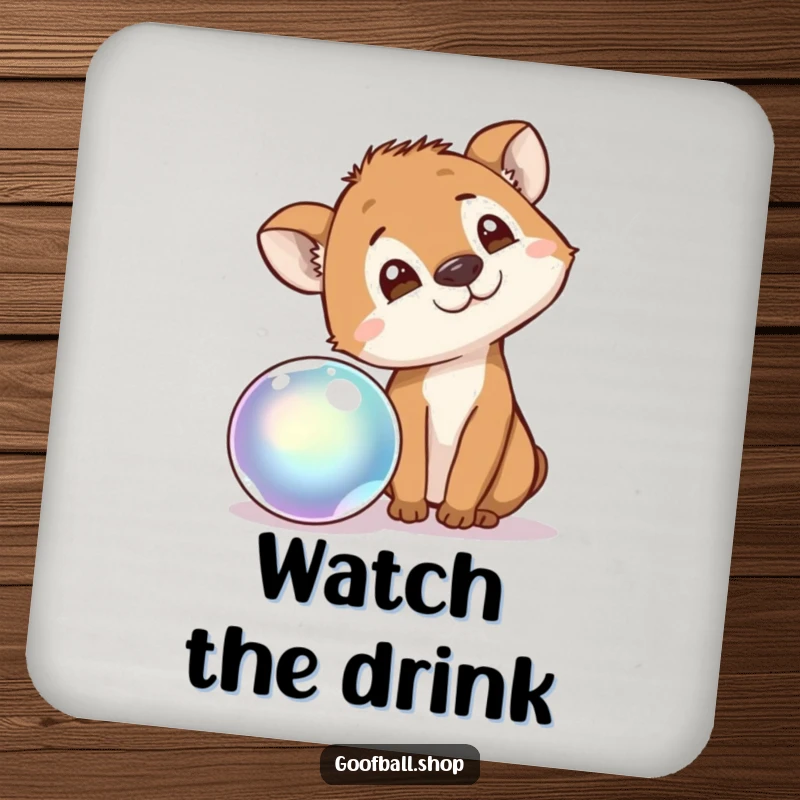Funny Drink Coaster showing a curious animal tilting its head, intently watching a bouncing, iridescent ball, a miniature moment of wonder.