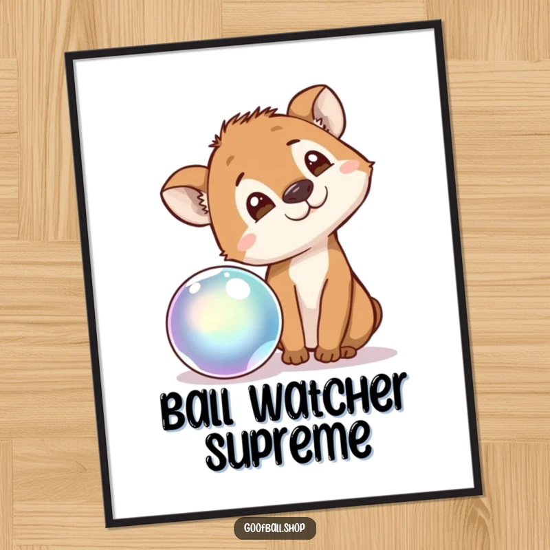 Funny Poster showcasing an animal tilting its head, mesmerized by the movement of a bouncing, iridescent ball, a moment of pure observation.