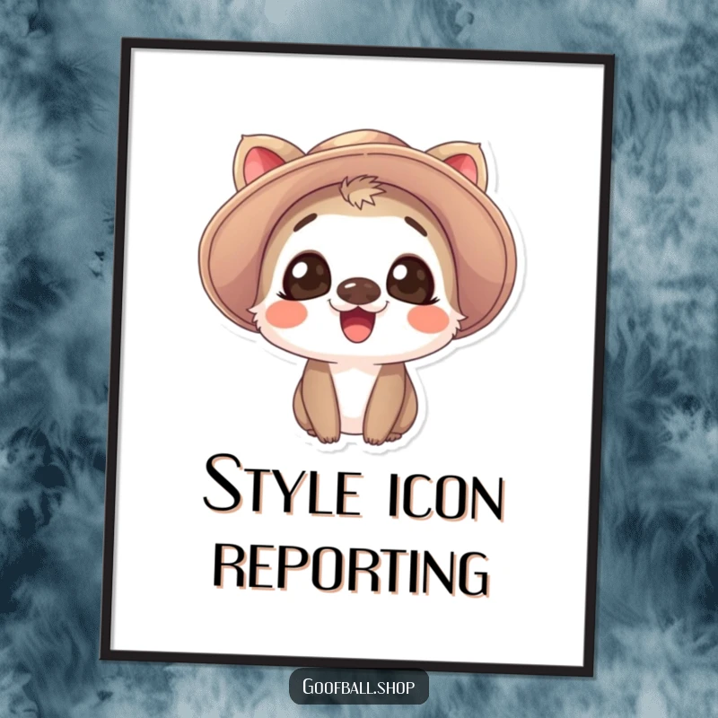 Funny Poster: A giggling animal with large, expressive eyes is crowned with a comically oversized, floppy hat, radiating happiness.