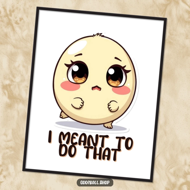 Funny poster of a small, round creature with mismatched eyes tripping over its feet, looking surprised, humorous wall art.