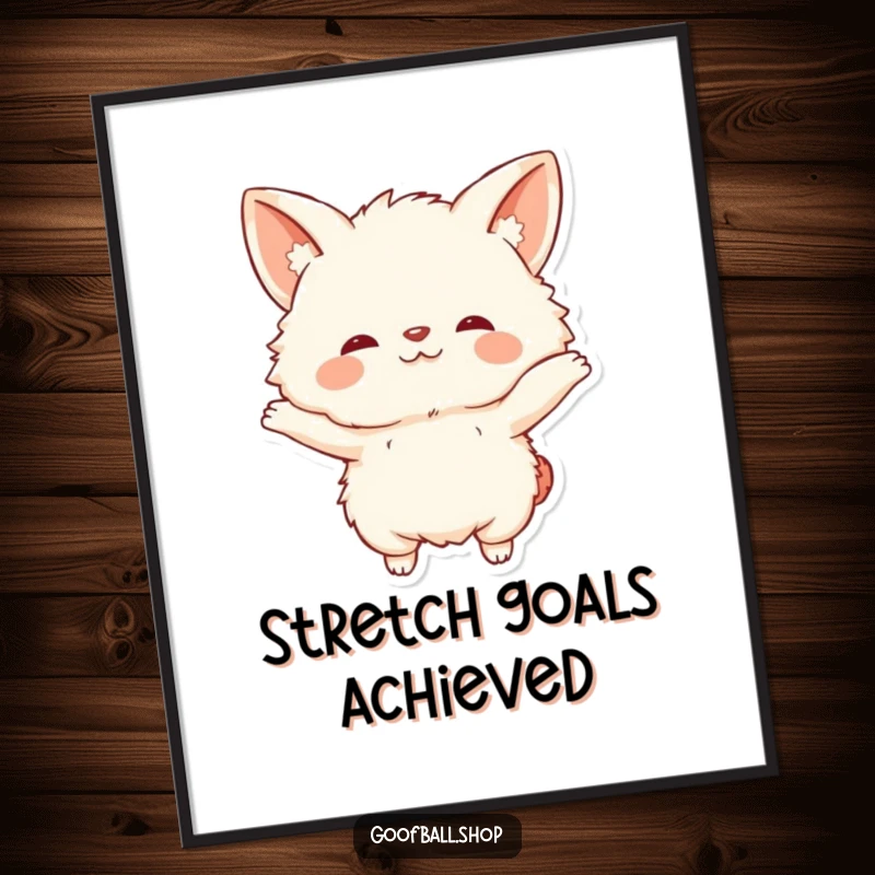 Funny Poster: A fluffy, floppy-eared being in a humorous, exaggerated stretching pose against a simple background.