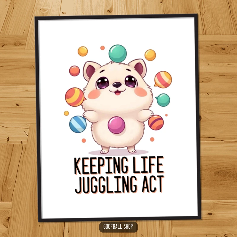 Funny Free Printable Wall Art: Round, fluffy animal with wide, astonished eyes, expertly juggling colorful, wobbling objects.
