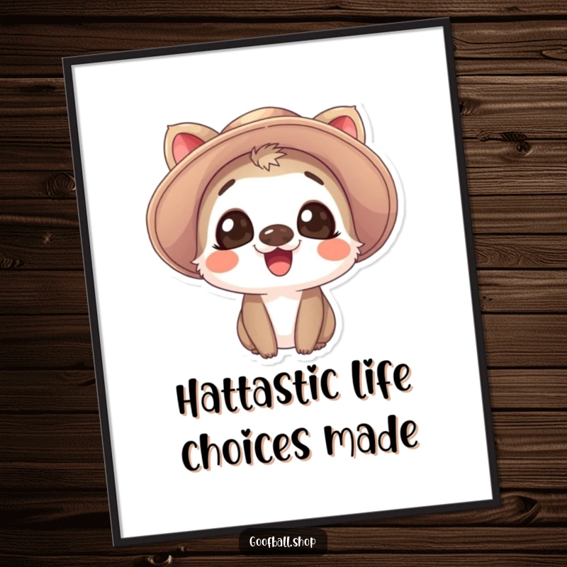 Funny Free Printable Wall Art: Giggling animal with large, expressive eyes sporting a comically oversized and floppy hat.