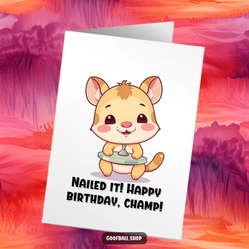 Funny Free Printable Birthday Card featuring a cat hilariously balancing a spinning plate on its nose with a goofy expression.