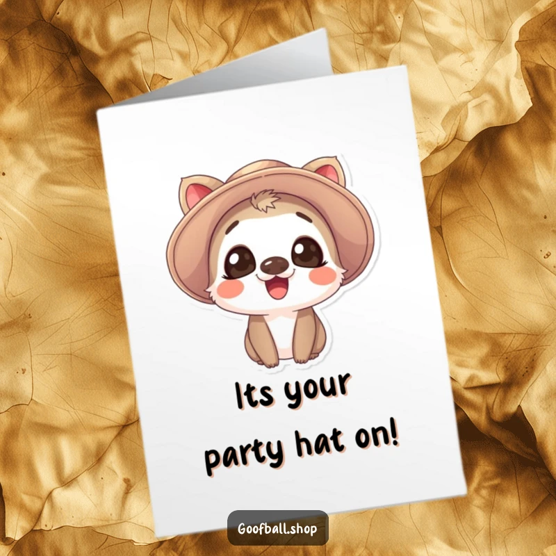 Funny Free Printable Birthday Card: Giggling animal with expressive eyes wearing a comically oversized, floppy hat, celebrating.