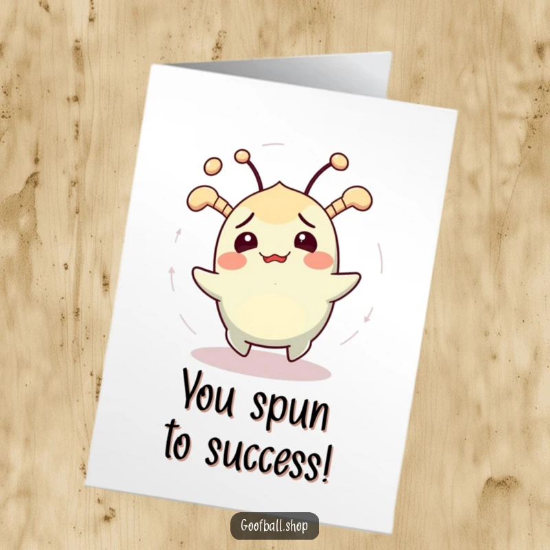 Free Printable Congratulations Card: Cheerful confused creature, jiggling antennae, spinning, celebrating success, humorous, downloadable.