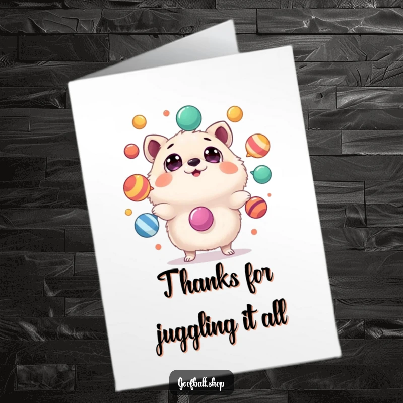 Funny Free Printable Thank You Card: Astonished, fluffy animal juggling colorful objects, expressing heartfelt thanks.