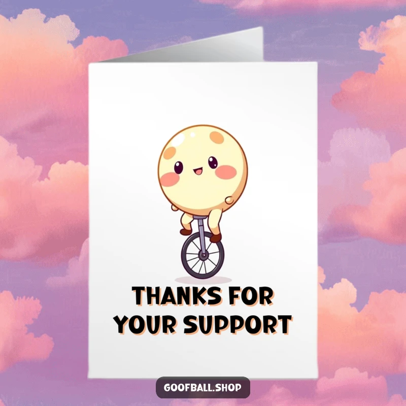 Funny Free Printable Thank You Card: A round entity with bright spots humorously struggling to balance on a unicycle.