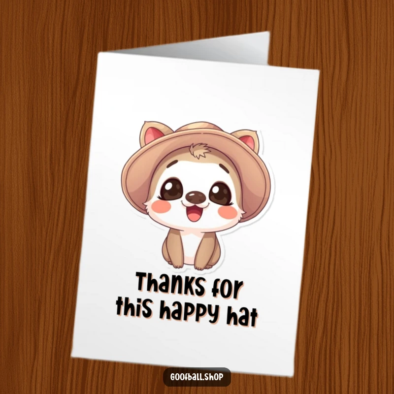 Funny Free Printable Thank You Card: Giggling animal with expressive eyes wearing an oversized floppy hat, sending thanks.