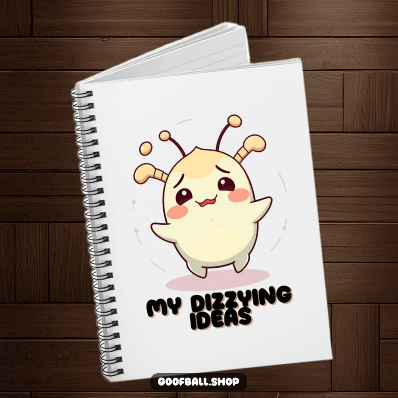Funny notebook featuring a cheerfully confused creature with jiggling antennae spinning in circles, for jotting down humorous thoughts.