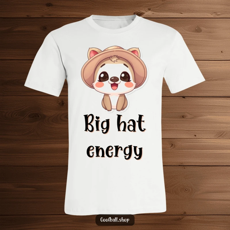 Funny T-Shirt: A giggling animal with big, expressive eyes sports a ridiculously large, floppy hat with a cheerful grin.