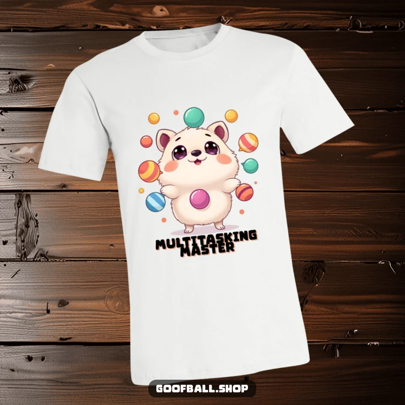 Funny T-Shirt: A fluffy, round animal with huge, amazed eyes is juggling several wobbling, colorful objects precariously.