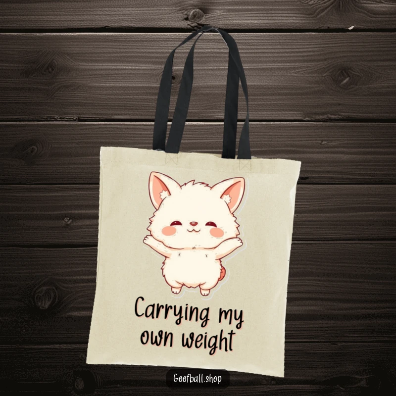 Funny Tote Bag displaying a fluffy, big-eared character doing a wildly comical and extensive stretch.