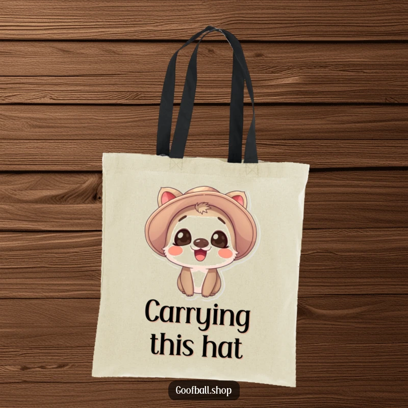 Funny Tote Bag: A giggling animal with large, expressive eyes wears a comically oversized, floppy hat, ready for adventures.