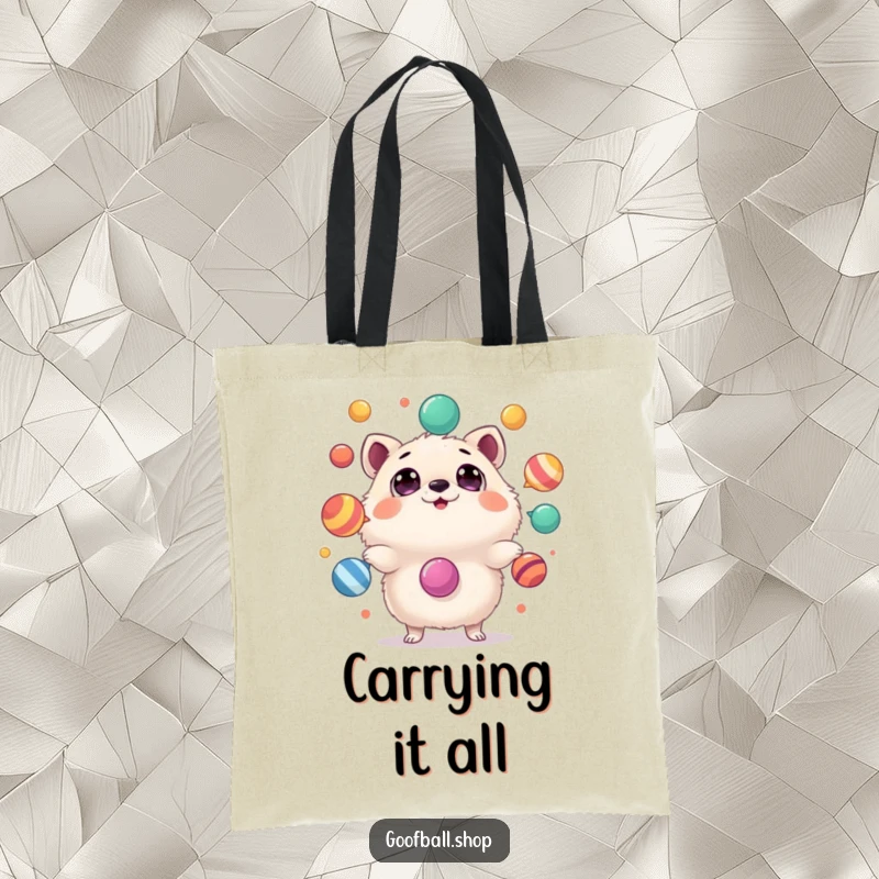 Funny Tote Bag: A round, fluffy animal with wide, shocked eyes juggles multiple colorful, wobbling objects in a comical display.