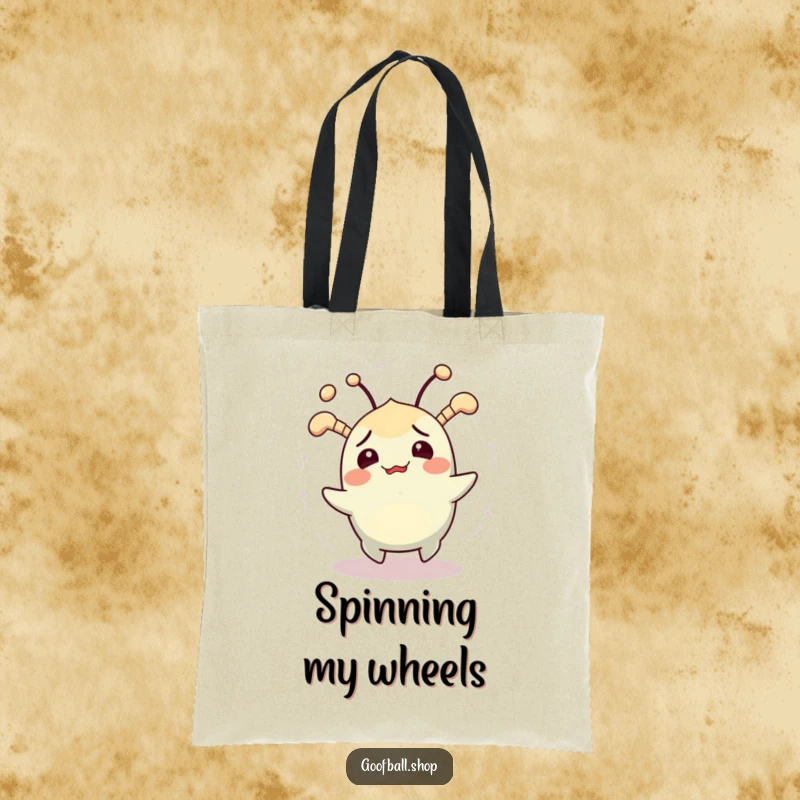 Funny tote bag featuring a cheerfully confused creature with jiggling antennae spinning in circles, for carrying essentials humorously.